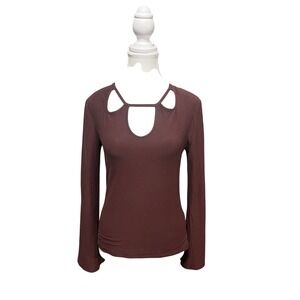 Mudd Deep Wine Maroon Long Sleeve Peekaboo Cutout Top Stretch Bell Sleeve M
